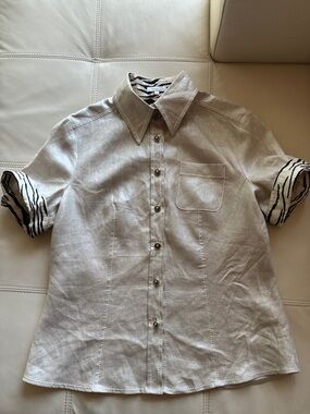 Escada Light Beige Short-Sleeve Button-Down with Zebra Cuff Detail